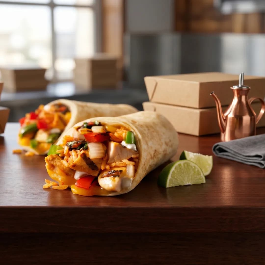 Two chicken fajita wraps filled with grilled chicken, peppers, onions, rice, and creamy sauce on a wooden table, served with lime wedges in a warm takeaway-style restaurant setting.