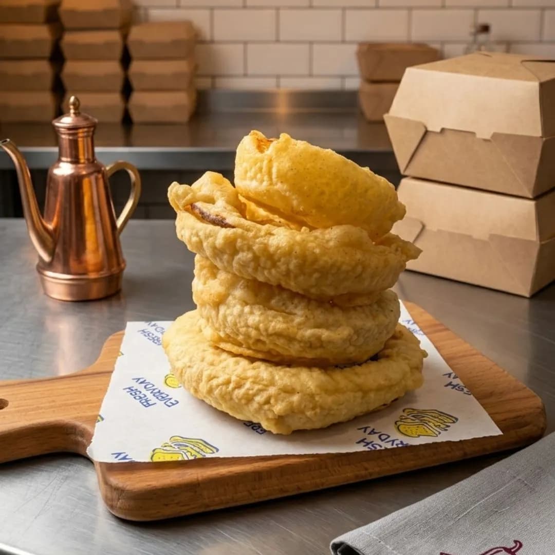 A detailed restaurant photograph shows four large, golden, battered onion rings stacked vertically on printed paper resting on a wooden serving board. The board is on a brushed stainless steel counter, adjacent to a copper oil cruet, a folded grey napkin with a chili pepper logo, and stacked brown cardboard burger boxes. The background features a white subway tile wall and glowing copper pendant lights.