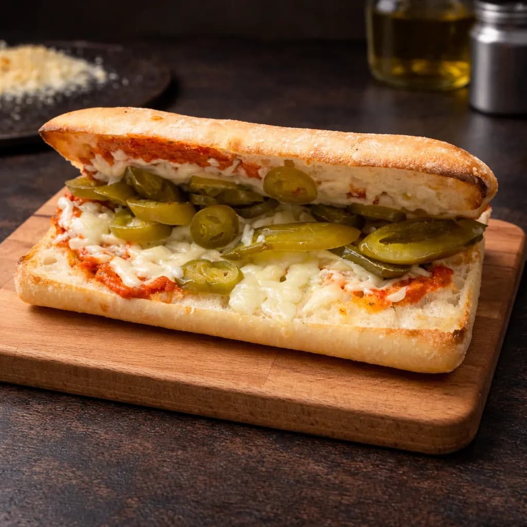 A close-up photograph of a toasted sandwich or pizza bread, partially open to reveal a filling of rich red tomato sauce, melted cheese, and generous slices of green jalapeños. The food is presented on a light wood serving board against a dark, textured background with softly blurred kitchen condiments in the distance.