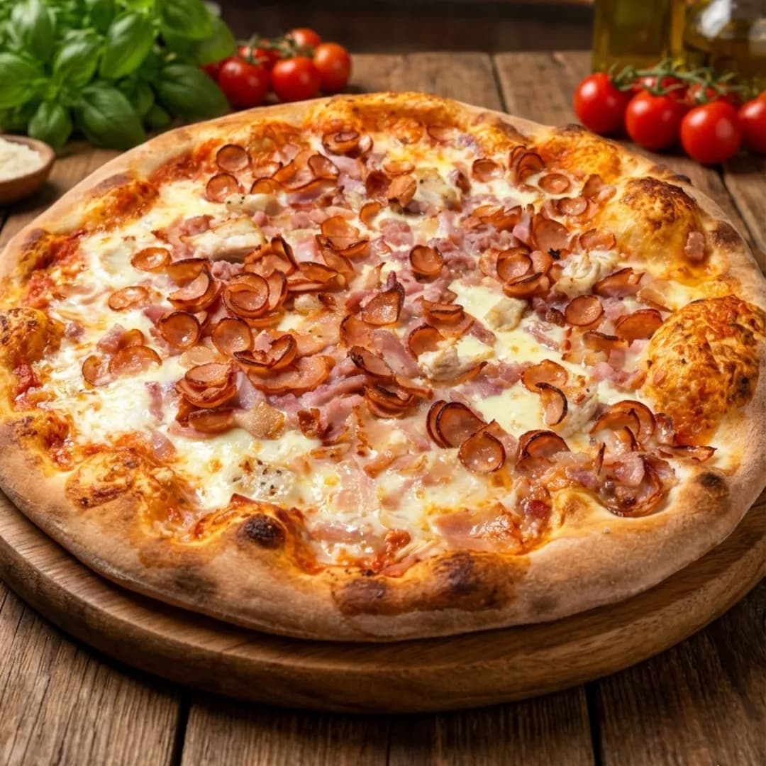 Pizza topped with melted mozzarella, diced ham, chicken pieces, and crispy sliced sausage on a golden crust, served on a wooden board with basil and cherry tomatoes in the background.