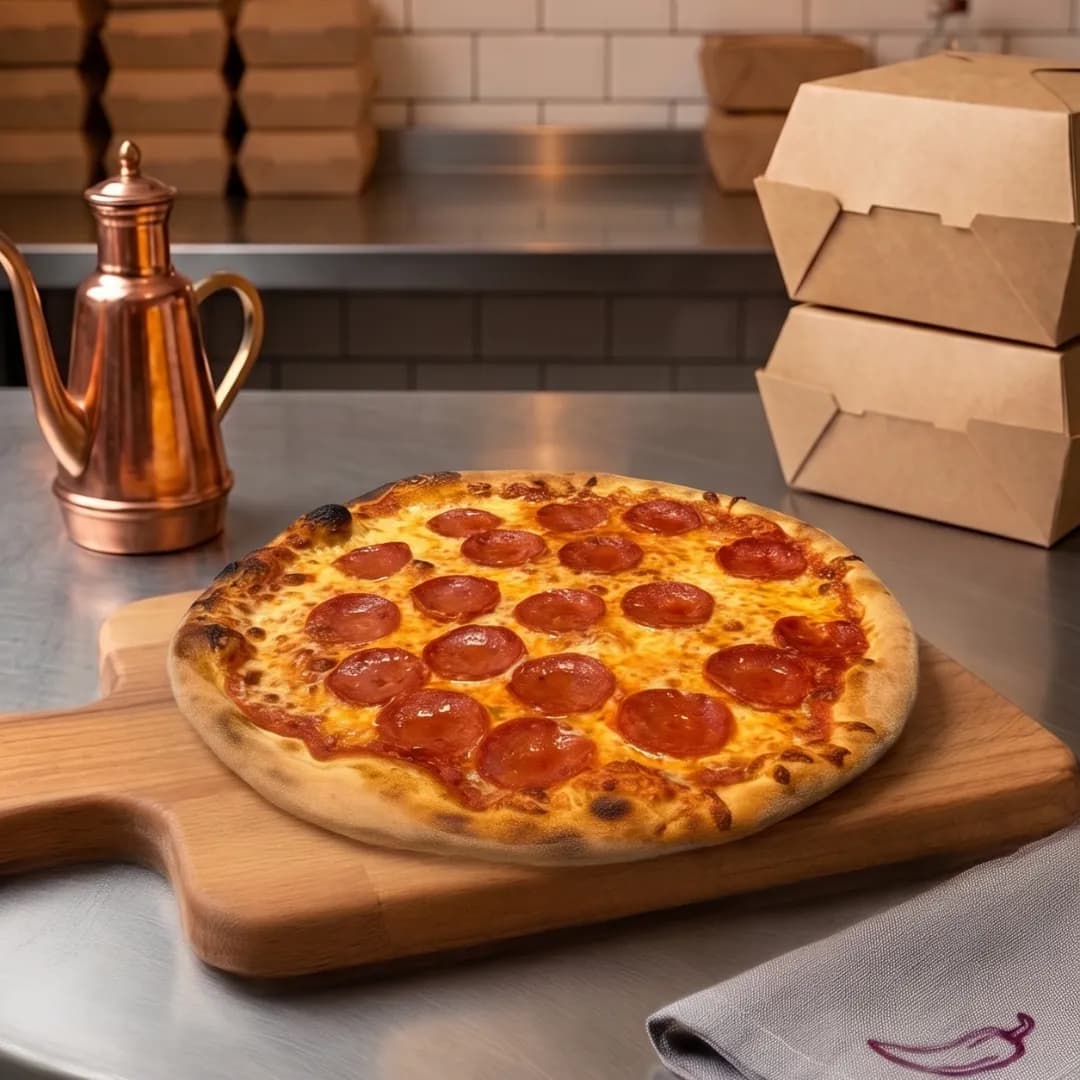 Diavola pizza topped with spicy pepperoni and melted mozzarella, served on a wooden board in a modern takeaway kitchen setting.
