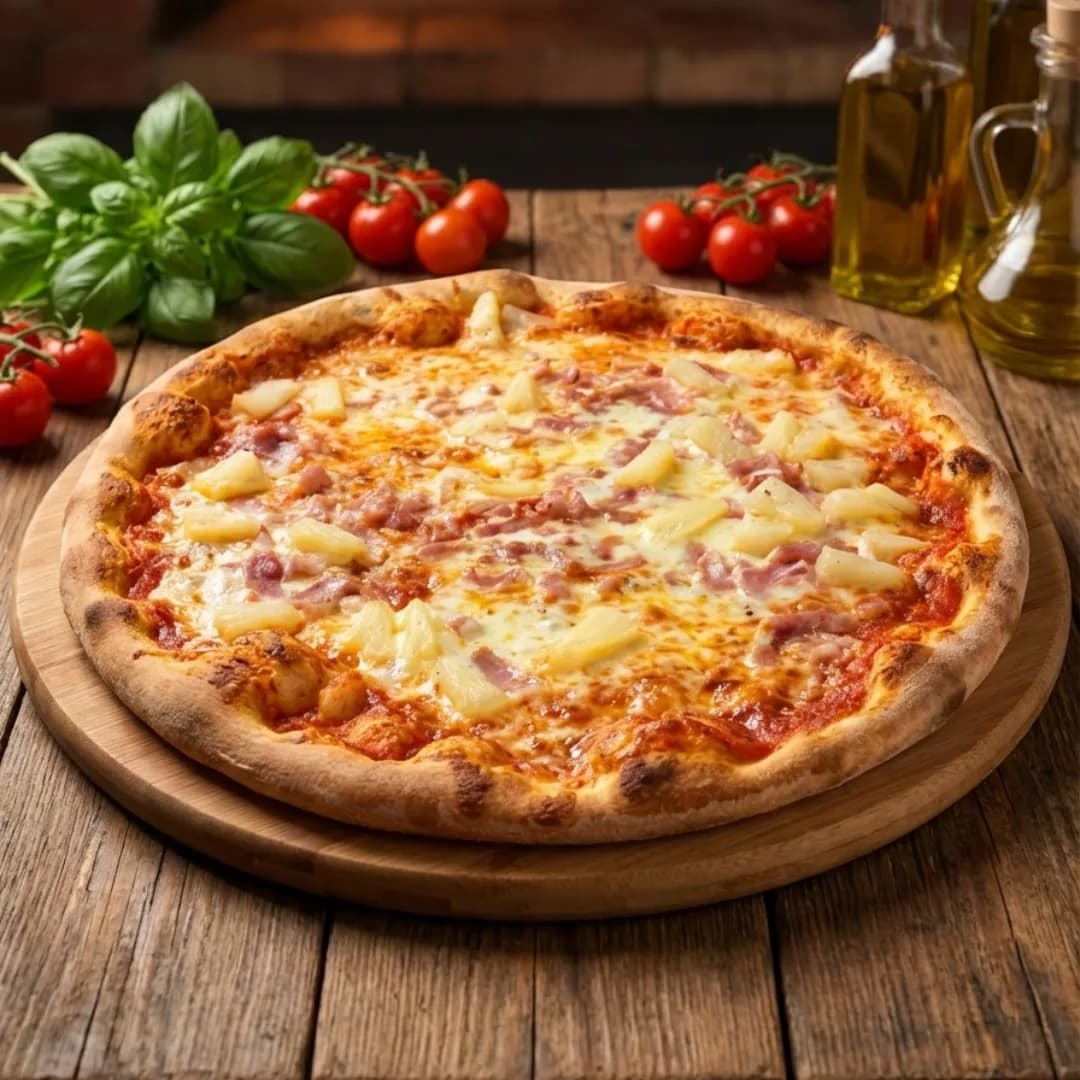 Hawaiian pizza topped with melted mozzarella, ham, and pineapple chunks on a golden crust, served on a wooden board with basil, tomatoes, and oil bottles in the background.