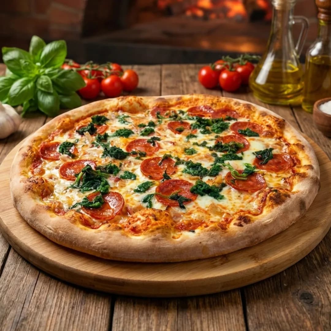 Pizza topped with melted mozzarella, pepperoni slices, and wilted spinach on a golden crust, served on a wooden board with basil, tomatoes, and oil bottles in the background.