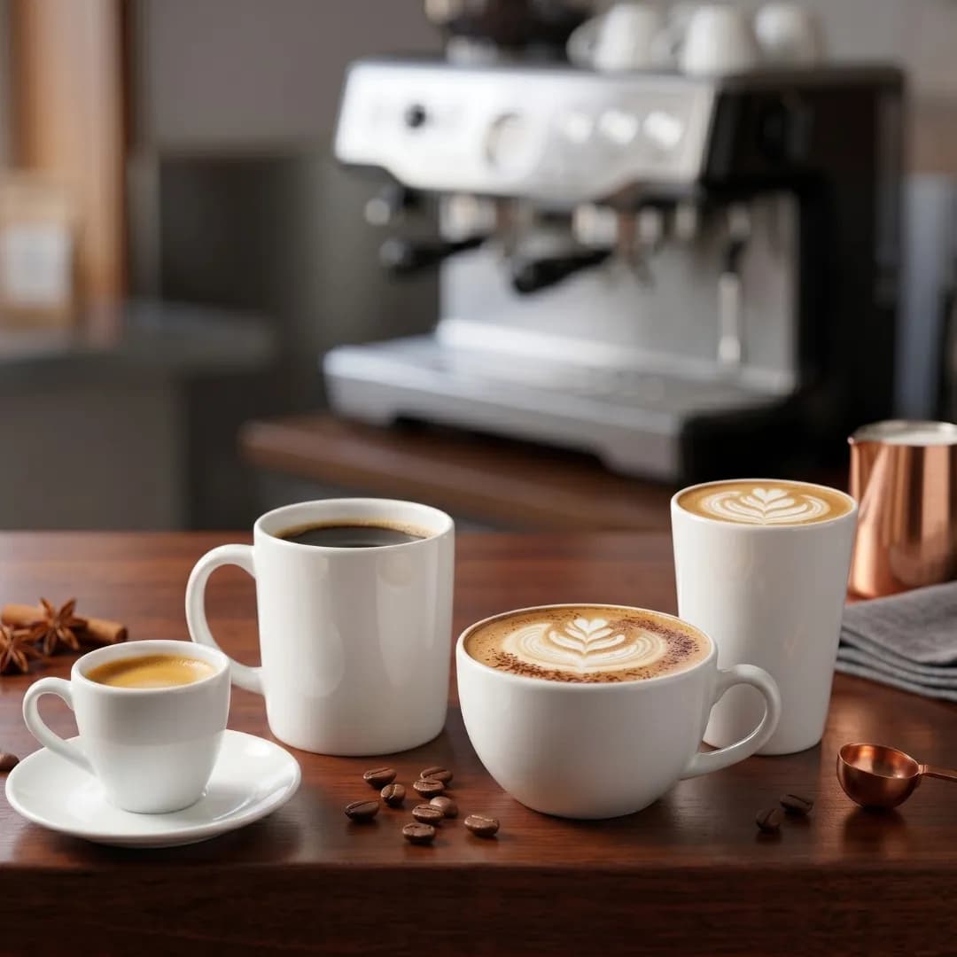 Selection of freshly brewed coffees including espresso, americano, cappuccino, and latte arranged on a wooden counter with coffee beans, in front of a blurred espresso machine background.