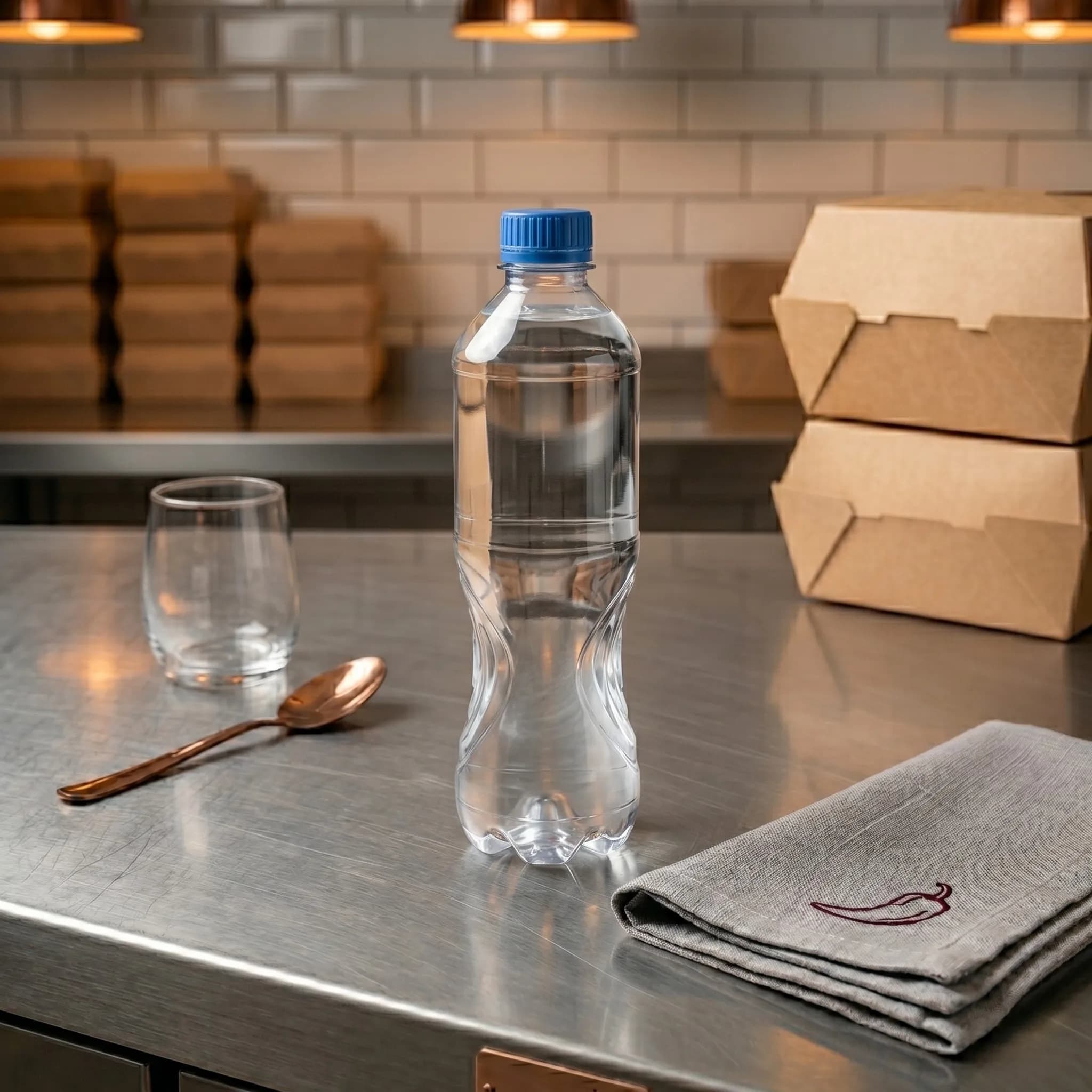 ottle of still water placed on a stainless steel counter in a modern takeaway kitchen setting, with stacked takeaway boxes, a glass, and folded napkin in the background.